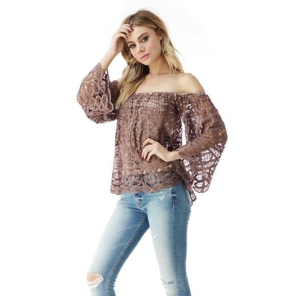 Sky Clothing Brand NWT S Off Shoulder Lace Floral Embroidered Taupe Brown Nude - Picture 3 of 7